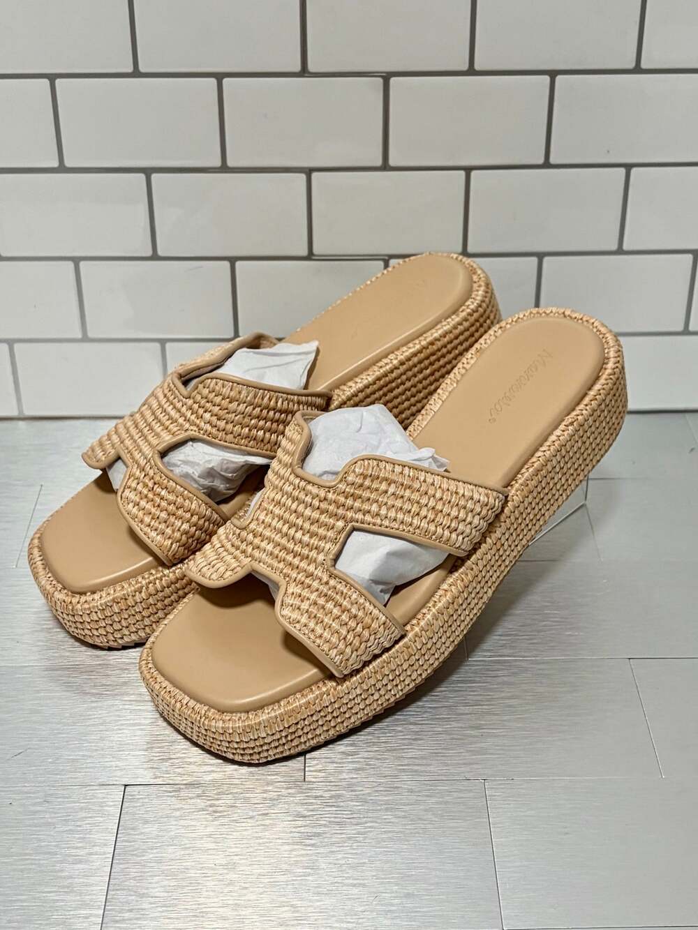 Monrovia Raffia Platform Sandals Espadrille Wedges Slides, Natural Womens Size 9